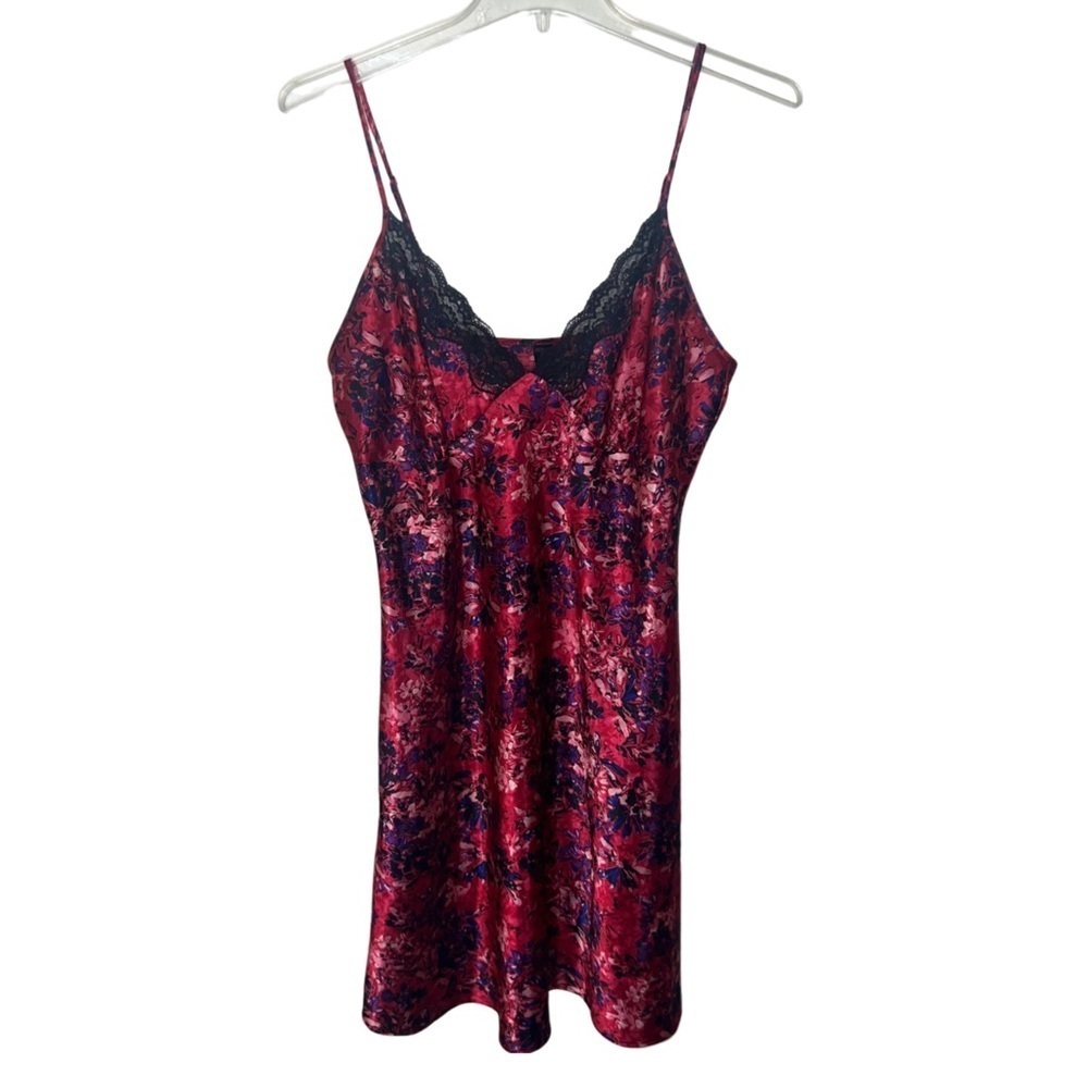 Ambrielle Satin Nightgown Slip Dress Red Pink Purple Floral Size Medium